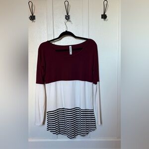 Women’s Zenana Outfitters Maroon and White Striped Long Sleeve Top Size Large